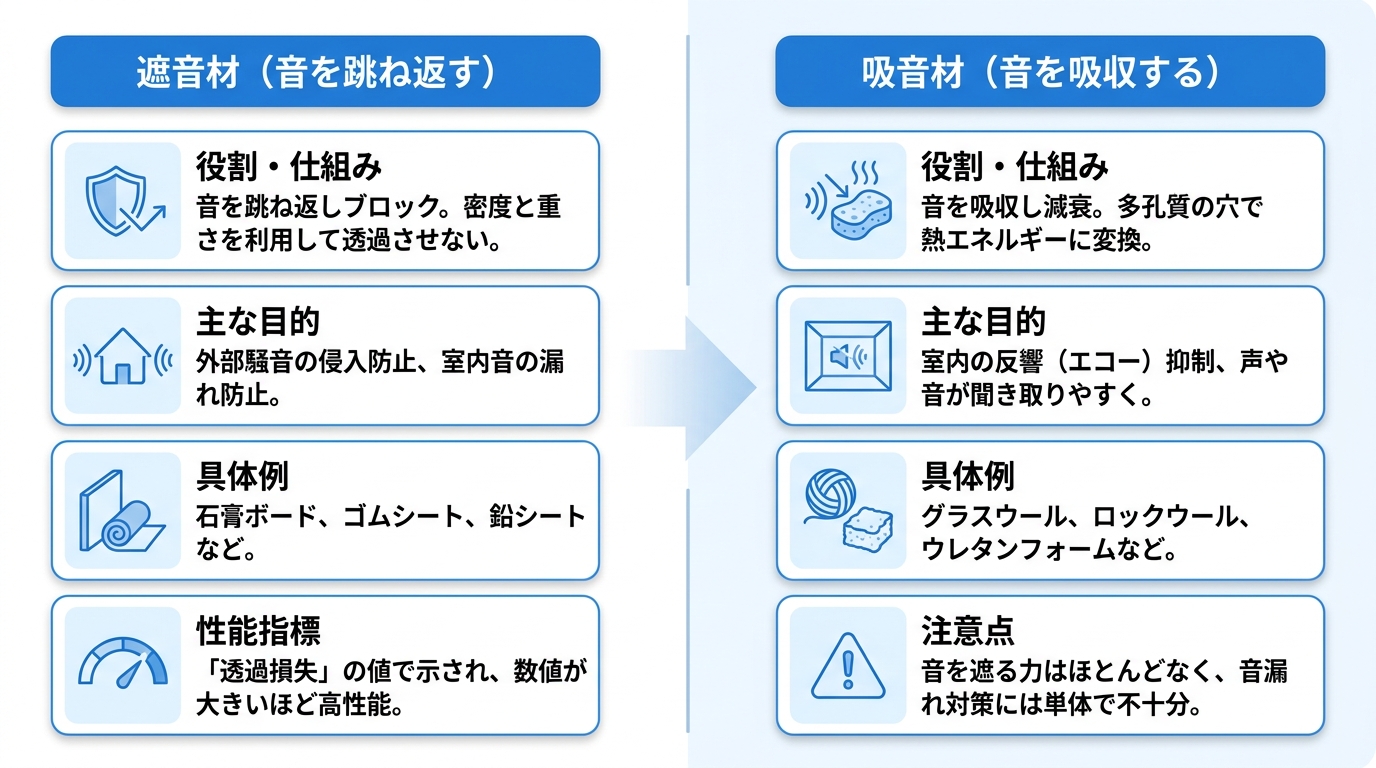 遮音材と吸音材